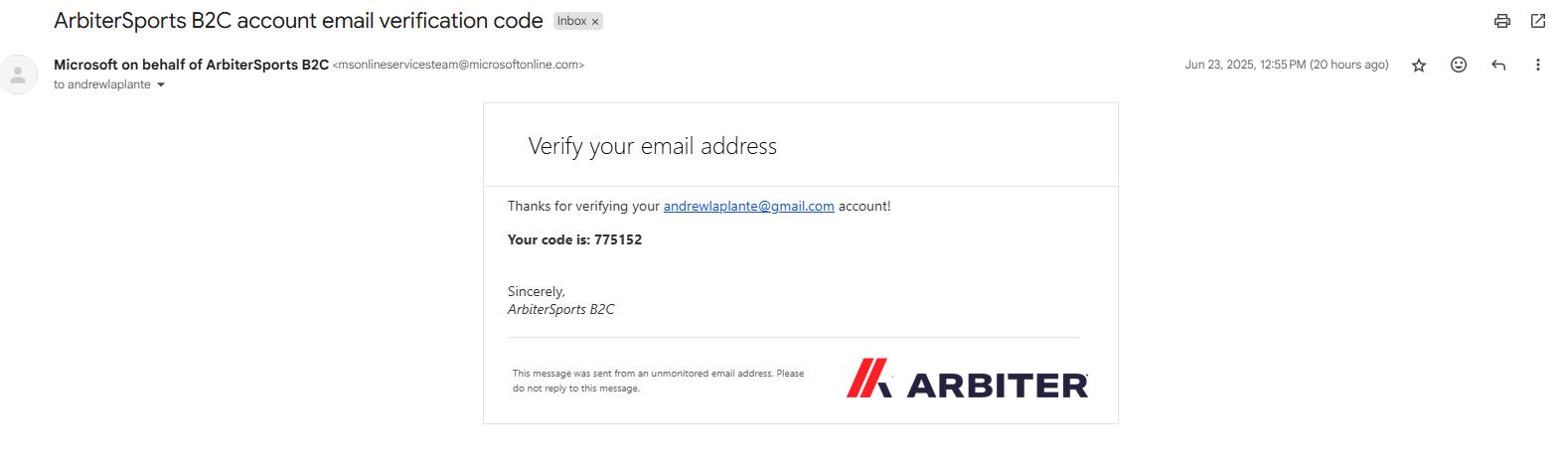 ArbiterSports Verification Email
