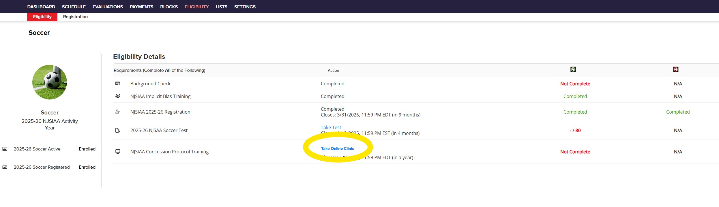 Arbiter Eligibility Dashboard - Click Take Online Clinic for concussion training